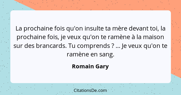 La prochaine fois qu'on insulte ta mère devant toi, la prochaine fois, je veux qu'on te ramène à la maison sur des brancards. Tu compren... - Romain Gary