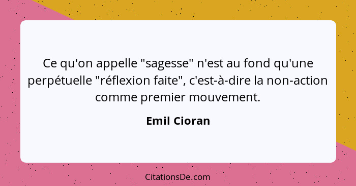 Ce qu'on appelle "sagesse" n'est au fond qu'une perpétuelle "réflexion faite", c'est-à-dire la non-action comme premier mouvement.... - Emil Cioran