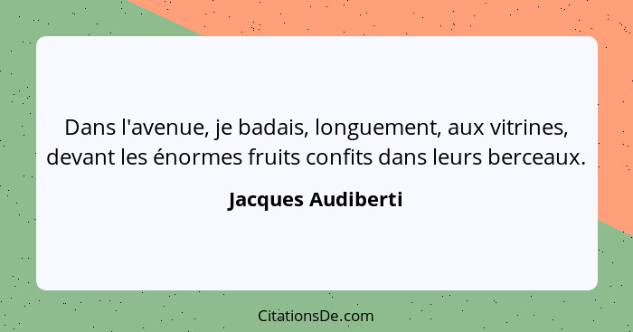 Dans l'avenue, je badais, longuement, aux vitrines, devant les énormes fruits confits dans leurs berceaux.... - Jacques Audiberti