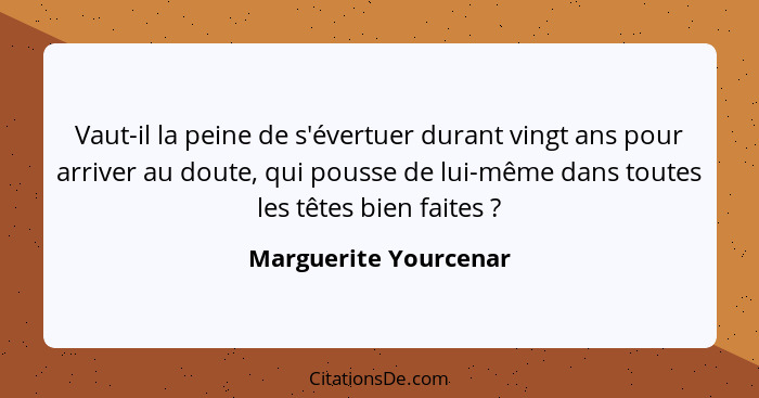 Vaut-il la peine de s'évertuer durant vingt ans pour arriver au doute, qui pousse de lui-même dans toutes les têtes bien faites... - Marguerite Yourcenar