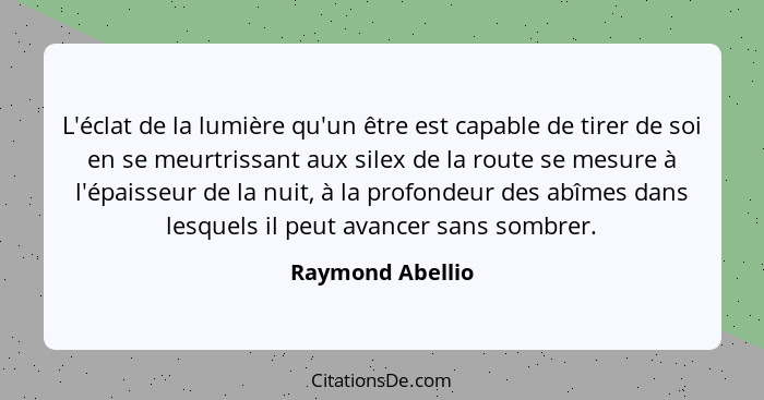 L'éclat de la lumière qu'un être est capable de tirer de soi en se meurtrissant aux silex de la route se mesure à l'épaisseur de la... - Raymond Abellio