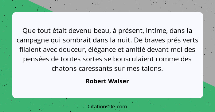 Que tout était devenu beau, à présent, intime, dans la campagne qui sombrait dans la nuit. De braves prés verts filaient avec douceur,... - Robert Walser