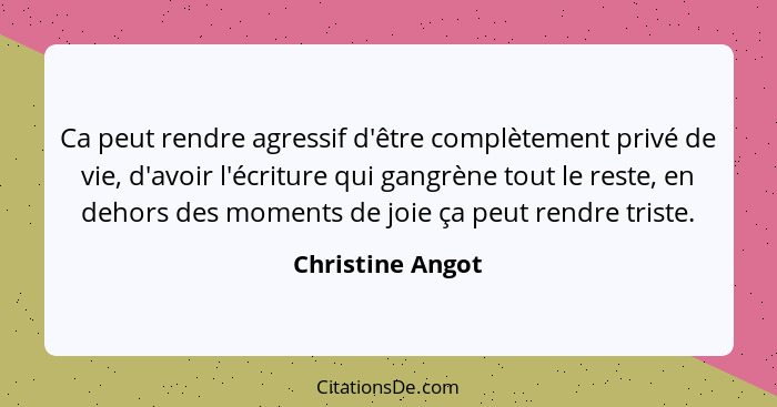 Ca peut rendre agressif d'être complètement privé de vie, d'avoir l'écriture qui gangrène tout le reste, en dehors des moments de jo... - Christine Angot