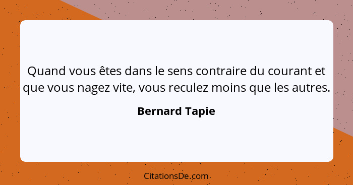 Quand vous êtes dans le sens contraire du courant et que vous nagez vite, vous reculez moins que les autres.... - Bernard Tapie