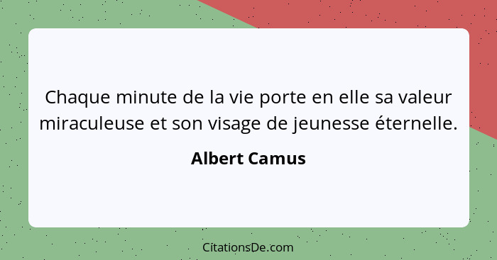 Chaque minute de la vie porte en elle sa valeur miraculeuse et son visage de jeunesse éternelle.... - Albert Camus