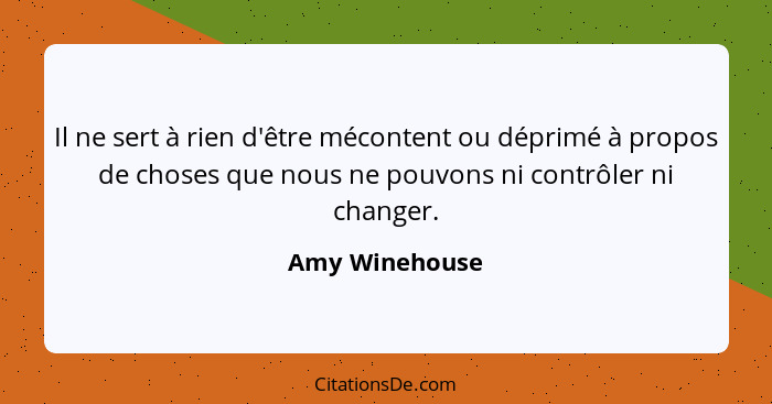 Il ne sert à rien d'être mécontent ou déprimé à propos de choses que nous ne pouvons ni contrôler ni changer.... - Amy Winehouse