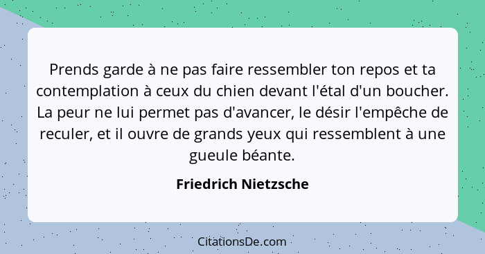 Prends garde à ne pas faire ressembler ton repos et ta contemplation à ceux du chien devant l'étal d'un boucher. La peur ne lui... - Friedrich Nietzsche