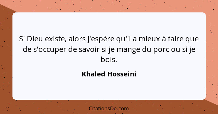 Si Dieu existe, alors j'espère qu'il a mieux à faire que de s'occuper de savoir si je mange du porc ou si je bois.... - Khaled Hosseini