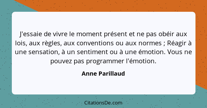 J'essaie de vivre le moment présent et ne pas obéir aux lois, aux règles, aux conventions ou aux normes ; Réagir à une sensation... - Anne Parillaud