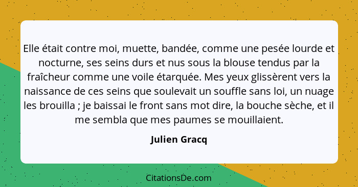 Elle était contre moi, muette, bandée, comme une pesée lourde et nocturne, ses seins durs et nus sous la blouse tendus par la fraîcheur... - Julien Gracq