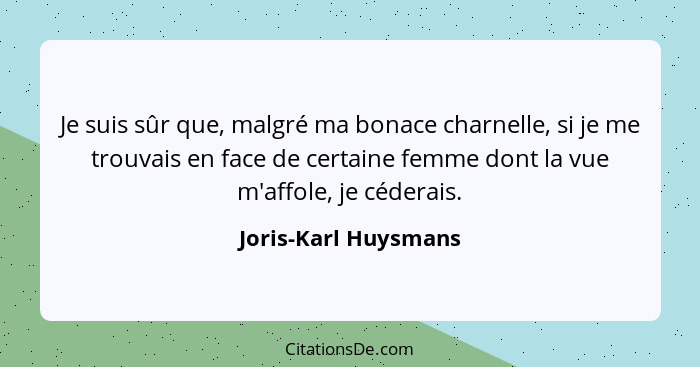 Je suis sûr que, malgré ma bonace charnelle, si je me trouvais en face de certaine femme dont la vue m'affole, je céderais.... - Joris-Karl Huysmans