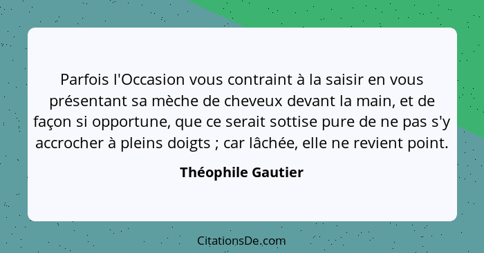 Parfois l'Occasion vous contraint à la saisir en vous présentant sa mèche de cheveux devant la main, et de façon si opportune, que... - Théophile Gautier