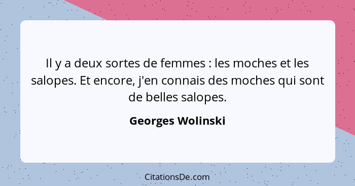 Il y a deux sortes de femmes : les moches et les salopes. Et encore, j'en connais des moches qui sont de belles salopes.... - Georges Wolinski