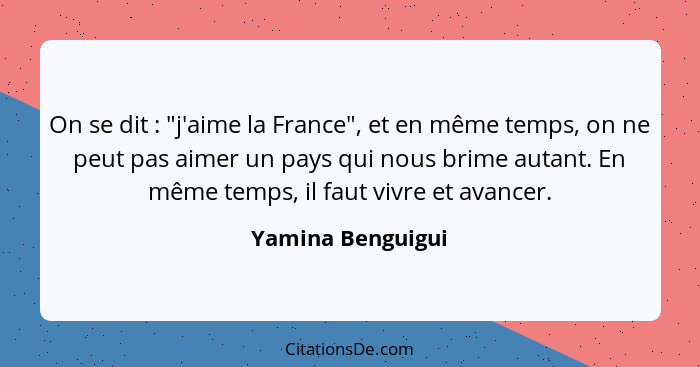On se dit : "j'aime la France", et en même temps, on ne peut pas aimer un pays qui nous brime autant. En même temps, il faut v... - Yamina Benguigui