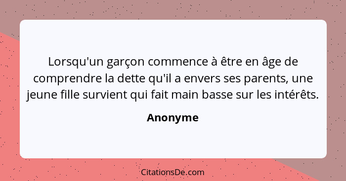 Lorsqu'un garçon commence à être en âge de comprendre la dette qu'il a envers ses parents, une jeune fille survient qui fait main basse sur... - Anonyme