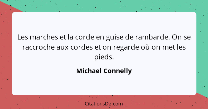 Les marches et la corde en guise de rambarde. On se raccroche aux cordes et on regarde où on met les pieds.... - Michael Connelly