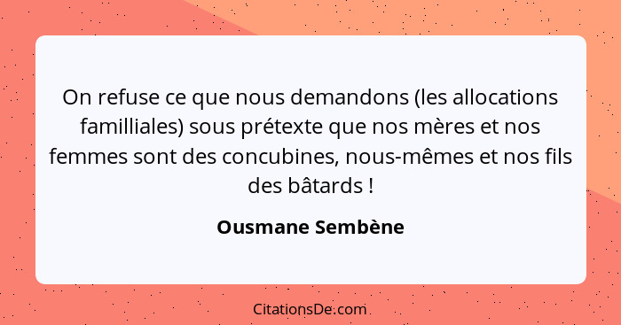 On refuse ce que nous demandons (les allocations familliales) sous prétexte que nos mères et nos femmes sont des concubines, nous-mê... - Ousmane Sembène