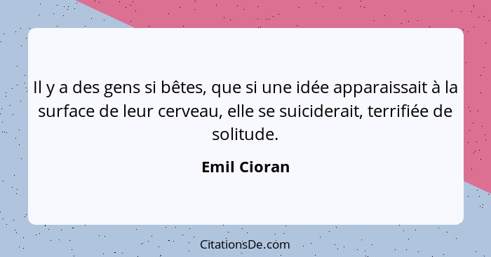 Il y a des gens si bêtes, que si une idée apparaissait à la surface de leur cerveau, elle se suiciderait, terrifiée de solitude.... - Emil Cioran