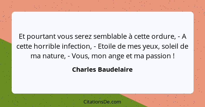 Et pourtant vous serez semblable à cette ordure, - A cette horrible infection, - Etoile de mes yeux, soleil de ma nature, - Vous,... - Charles Baudelaire