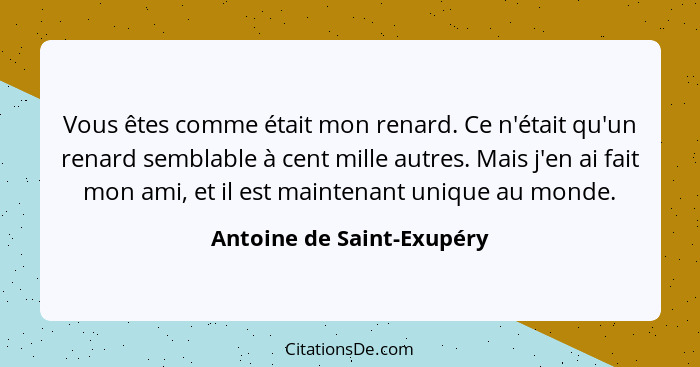 Vous êtes comme était mon renard. Ce n'était qu'un renard semblable à cent mille autres. Mais j'en ai fait mon ami, et il e... - Antoine de Saint-Exupéry