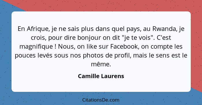 En Afrique, je ne sais plus dans quel pays, au Rwanda, je crois, pour dire bonjour on dit "je te vois". C'est magnifique ! Nous... - Camille Laurens