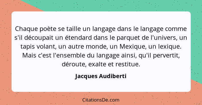 Chaque poète se taille un langage dans le langage comme s'il découpait un étendard dans le parquet de l'univers, un tapis volant,... - Jacques Audiberti