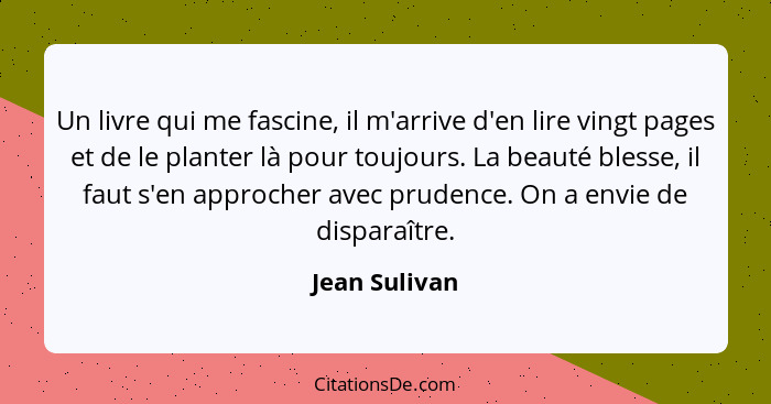 Un livre qui me fascine, il m'arrive d'en lire vingt pages et de le planter là pour toujours. La beauté blesse, il faut s'en approcher... - Jean Sulivan