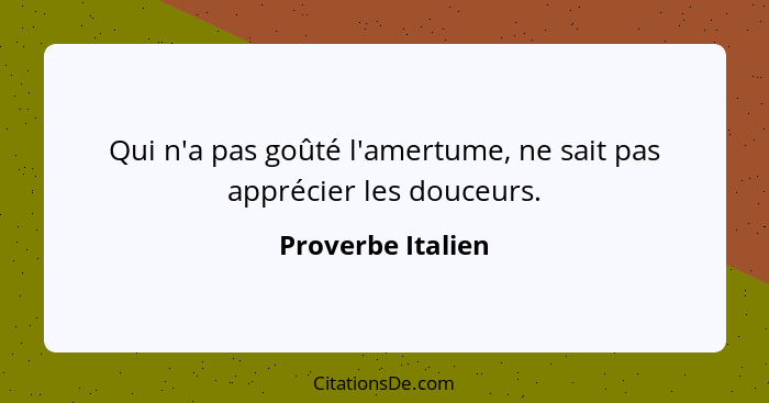 Qui n'a pas goûté l'amertume, ne sait pas apprécier les douceurs.... - Proverbe Italien