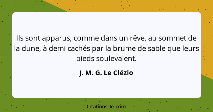 Ils sont apparus, comme dans un rêve, au sommet de la dune, à demi cachés par la brume de sable que leurs pieds soulevaient.... - J. M. G. Le Clézio