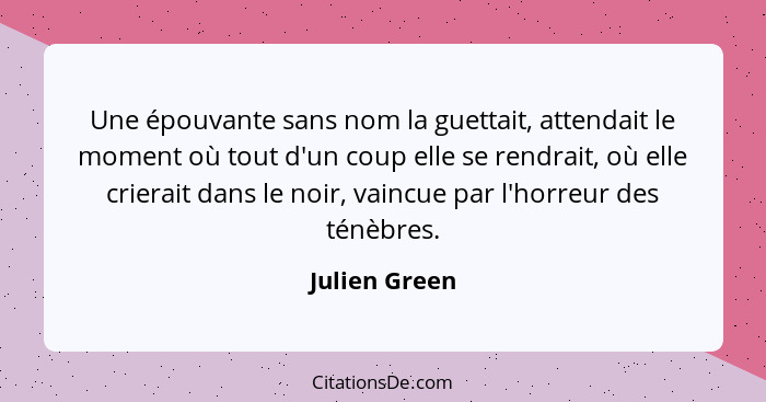 Une épouvante sans nom la guettait, attendait le moment où tout d'un coup elle se rendrait, où elle crierait dans le noir, vaincue par... - Julien Green