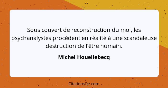 Sous couvert de reconstruction du moi, les psychanalystes procèdent en réalité à une scandaleuse destruction de l'être humain.... - Michel Houellebecq