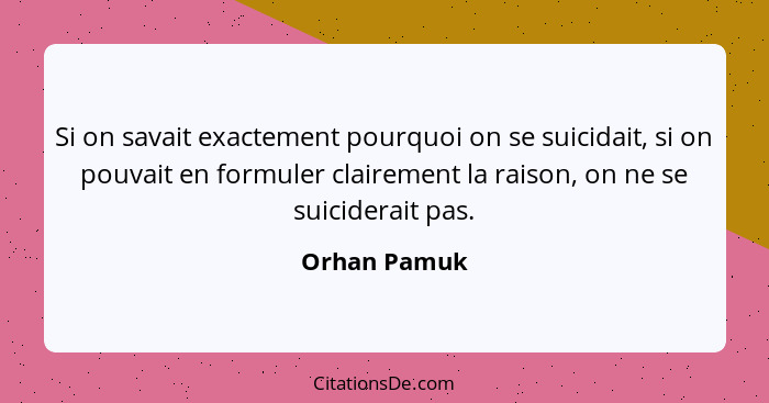 Si on savait exactement pourquoi on se suicidait, si on pouvait en formuler clairement la raison, on ne se suiciderait pas.... - Orhan Pamuk