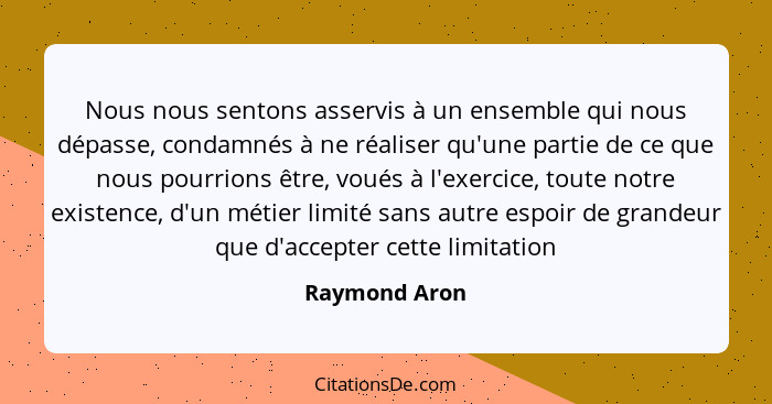 Nous nous sentons asservis à un ensemble qui nous dépasse, condamnés à ne réaliser qu'une partie de ce que nous pourrions être, voués à... - Raymond Aron