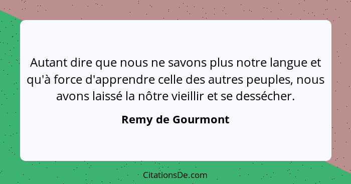 Autant dire que nous ne savons plus notre langue et qu'à force d'apprendre celle des autres peuples, nous avons laissé la nôtre vie... - Remy de Gourmont