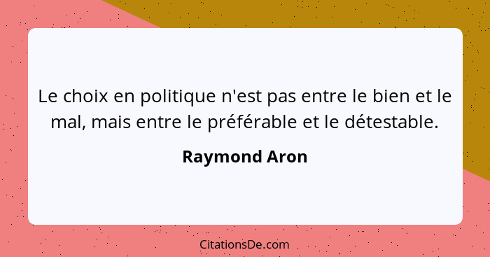 Le choix en politique n'est pas entre le bien et le mal, mais entre le préférable et le détestable.... - Raymond Aron