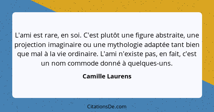 L'ami est rare, en soi. C'est plutôt une figure abstraite, une projection imaginaire ou une mythologie adaptée tant bien que mal à l... - Camille Laurens