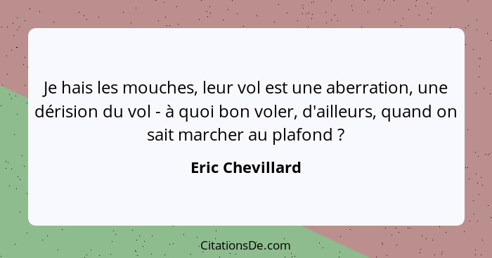 Je hais les mouches, leur vol est une aberration, une dérision du vol - à quoi bon voler, d'ailleurs, quand on sait marcher au plafo... - Eric Chevillard