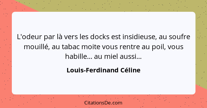 L'odeur par là vers les docks est insidieuse, au soufre mouillé, au tabac moite vous rentre au poil, vous habille... au miel... - Louis-Ferdinand Céline