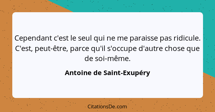 Cependant c'est le seul qui ne me paraisse pas ridicule. C'est, peut-être, parce qu'il s'occupe d'autre chose que de soi-mê... - Antoine de Saint-Exupéry