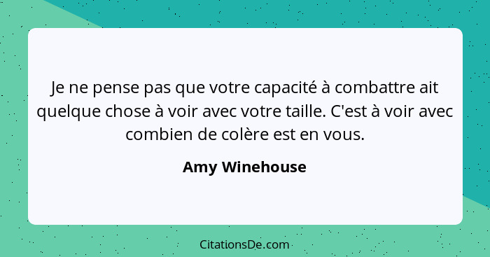 Je ne pense pas que votre capacité à combattre ait quelque chose à voir avec votre taille. C'est à voir avec combien de colère est en... - Amy Winehouse