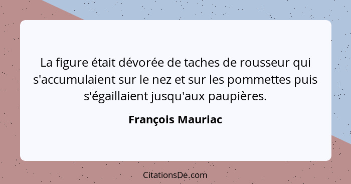 La figure était dévorée de taches de rousseur qui s'accumulaient sur le nez et sur les pommettes puis s'égaillaient jusqu'aux paupi... - François Mauriac