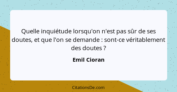 Quelle inquiétude lorsqu'on n'est pas sûr de ses doutes, et que l'on se demande : sont-ce véritablement des doutes ?... - Emil Cioran