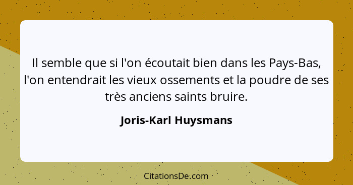 Il semble que si l'on écoutait bien dans les Pays-Bas, l'on entendrait les vieux ossements et la poudre de ses très anciens sain... - Joris-Karl Huysmans