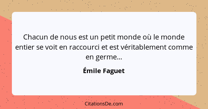 Chacun de nous est un petit monde où le monde entier se voit en raccourci et est véritablement comme en germe...... - Émile Faguet