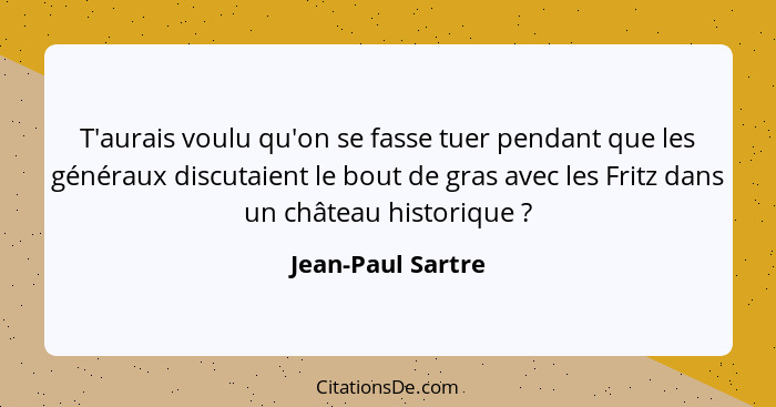 T'aurais voulu qu'on se fasse tuer pendant que les généraux discutaient le bout de gras avec les Fritz dans un château historique&n... - Jean-Paul Sartre