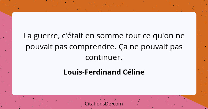 La guerre, c'était en somme tout ce qu'on ne pouvait pas comprendre. Ça ne pouvait pas continuer.... - Louis-Ferdinand Céline