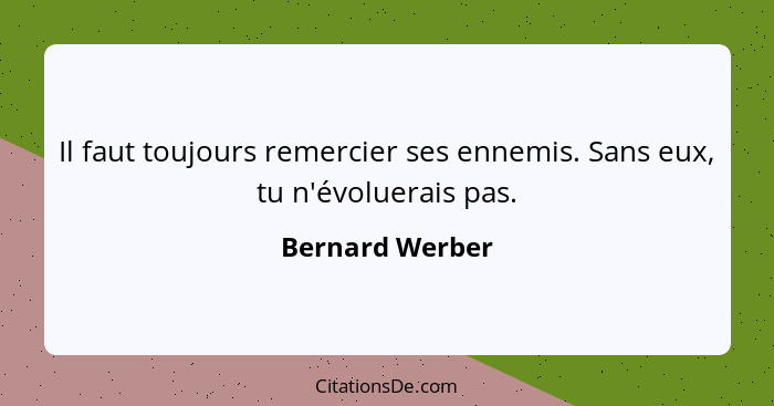 Il faut toujours remercier ses ennemis. Sans eux, tu n'évoluerais pas.... - Bernard Werber