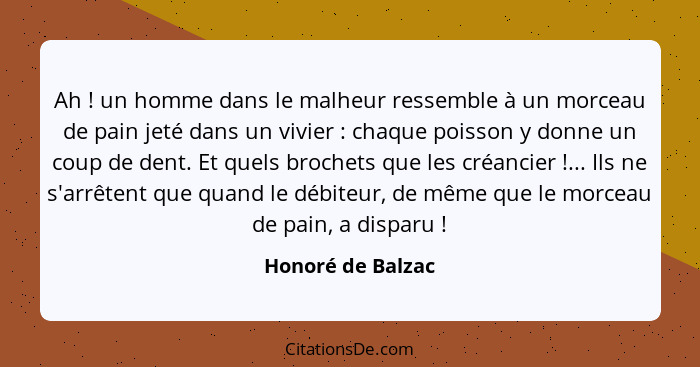 Ah ! un homme dans le malheur ressemble à un morceau de pain jeté dans un vivier : chaque poisson y donne un coup de dent... - Honoré de Balzac