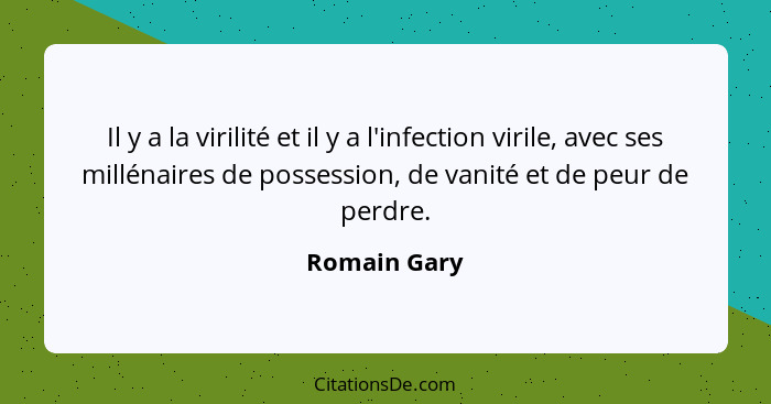 Il y a la virilité et il y a l'infection virile, avec ses millénaires de possession, de vanité et de peur de perdre.... - Romain Gary
