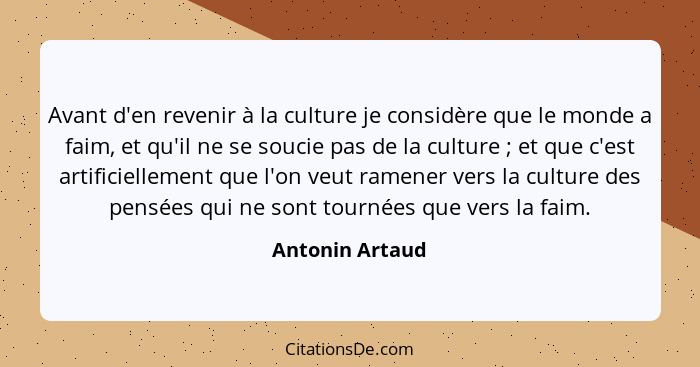 Avant d'en revenir à la culture je considère que le monde a faim, et qu'il ne se soucie pas de la culture ; et que c'est artific... - Antonin Artaud
